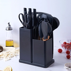 Custom 19 Piece Silicone Kitchen Utensil Set With Wooden Handle And Cuttings Board Storage Bucket Kitchen Accessories Knife Set