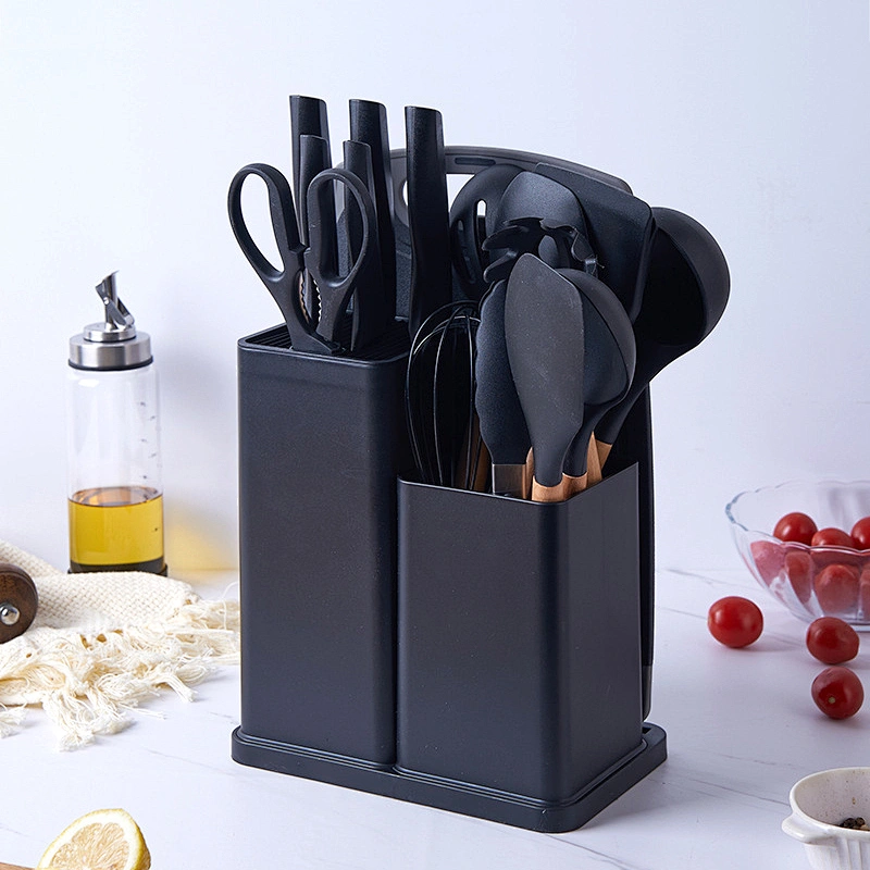 Custom 19 Piece Silicone Kitchen Utensil Set With Wooden Handle And Cuttings Board Storage Bucket Kitchen Accessories Knife Set