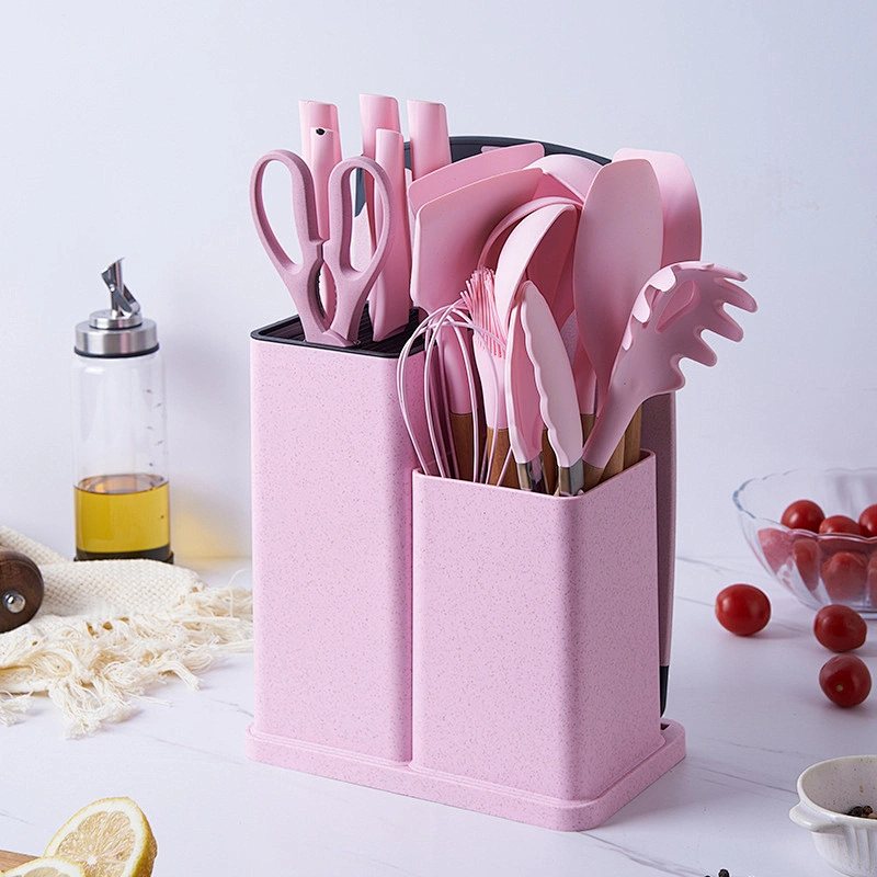 Custom 19 Piece Silicone Kitchen Utensil Set With Wooden Handle And Cuttings Board Storage Bucket Kitchen Accessories Knife Set