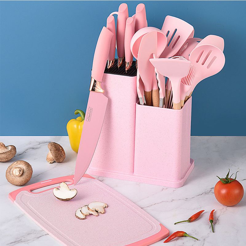 Custom 19 Piece Silicone Kitchen Utensil Set With Wooden Handle And Cuttings Board Storage Bucket Kitchen Accessories Knife Set