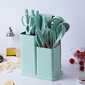 Custom 19 Piece Silicone Kitchen Utensil Set With Wooden Handle And Cuttings Board Storage Bucket Kitchen Accessories Knife Set