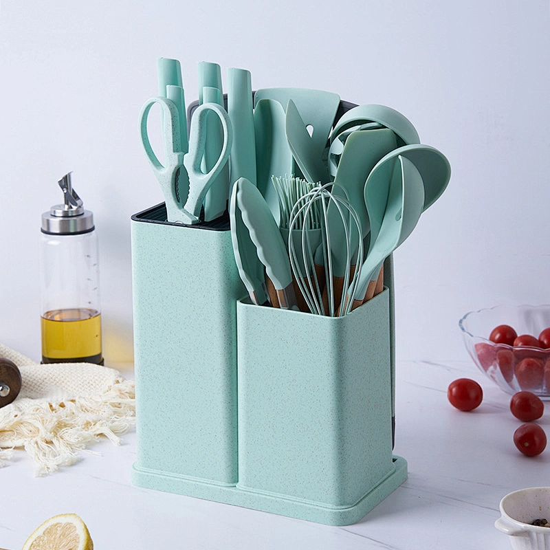 Custom 19 Piece Silicone Kitchen Utensil Set With Wooden Handle And Cuttings Board Storage Bucket Kitchen Accessories Knife Set