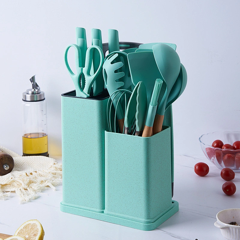 Custom 19 Piece Silicone Kitchen Utensil Set With Wooden Handle And Cuttings Board Storage Bucket Kitchen Accessories Knife Set