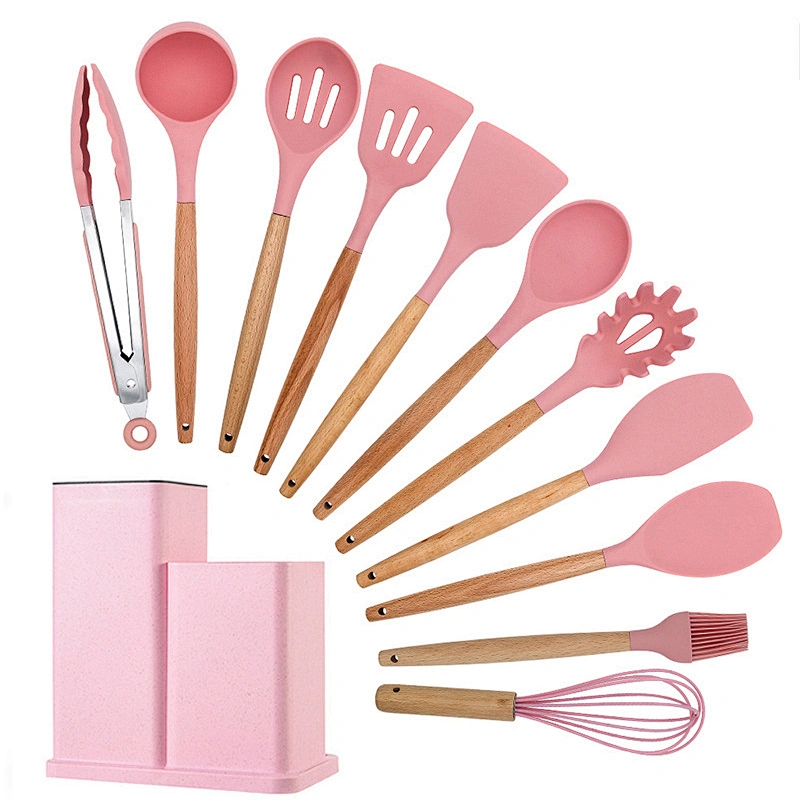 Custom 19 Piece Silicone Kitchen Utensil Set With Wooden Handle And Cuttings Board Storage Bucket Kitchen Accessories Knife Set