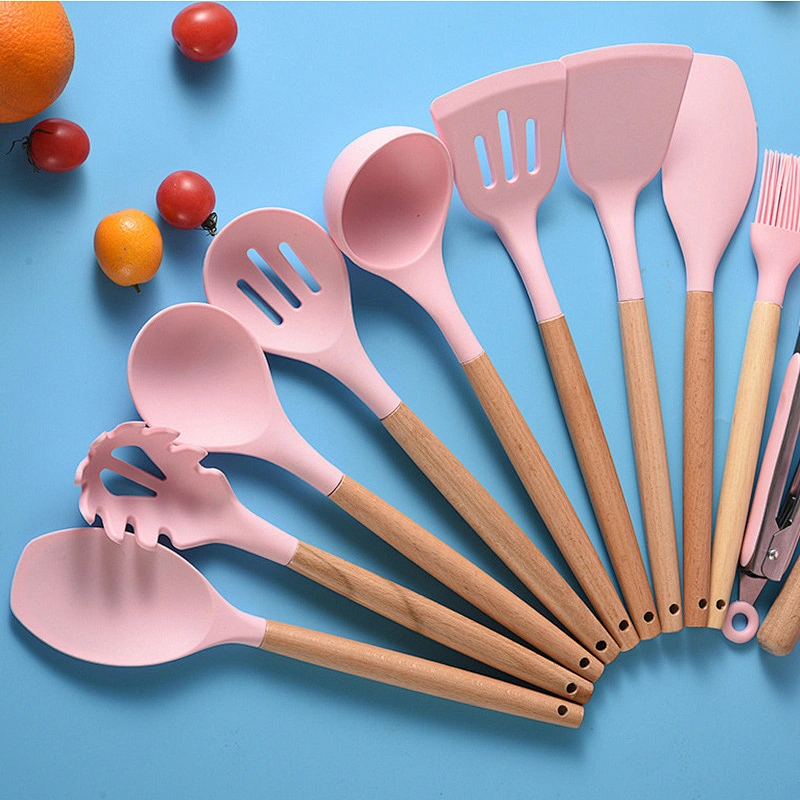 Custom 19 Piece Silicone Kitchen Utensil Set With Wooden Handle And Cuttings Board Storage Bucket Kitchen Accessories Knife Set